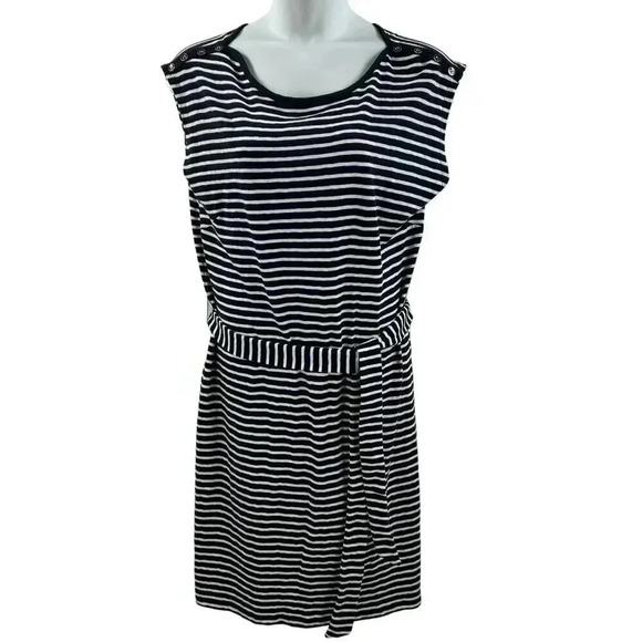 Talbots 1XL NWT Navy White Stripe Belted Knit Shift Midi Dress Nautical Yacht - Picture 2 of 15